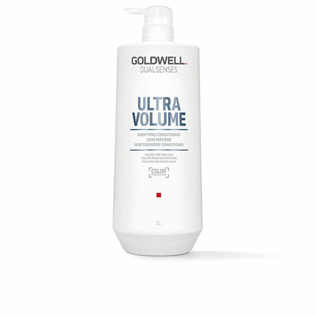 Weiße Flasche mit Pumpe. Aufschrift: GOLDWELL DUALSENSES ULTRA VOLUME. Text in Englisch, Französisch und Deutsch. 1L.