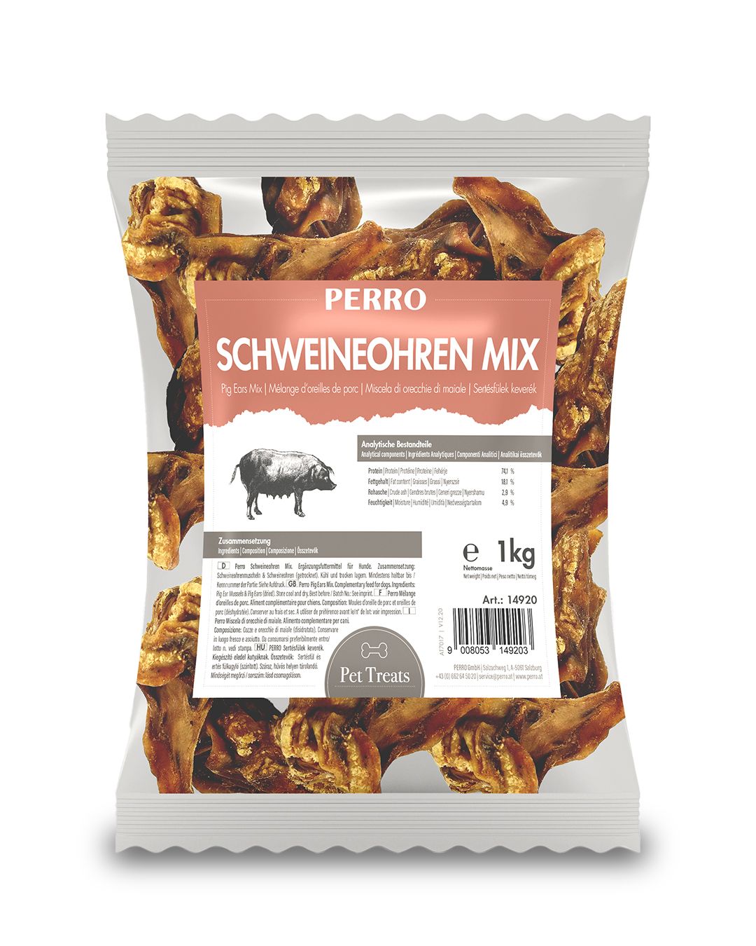 Beutel mit Schweineohren-Mix für Hunde. Marke PERRO. Aufdruck: Schweineohren Mix, 1 kg, Pet Treats. Abbildung eines Schweins.
