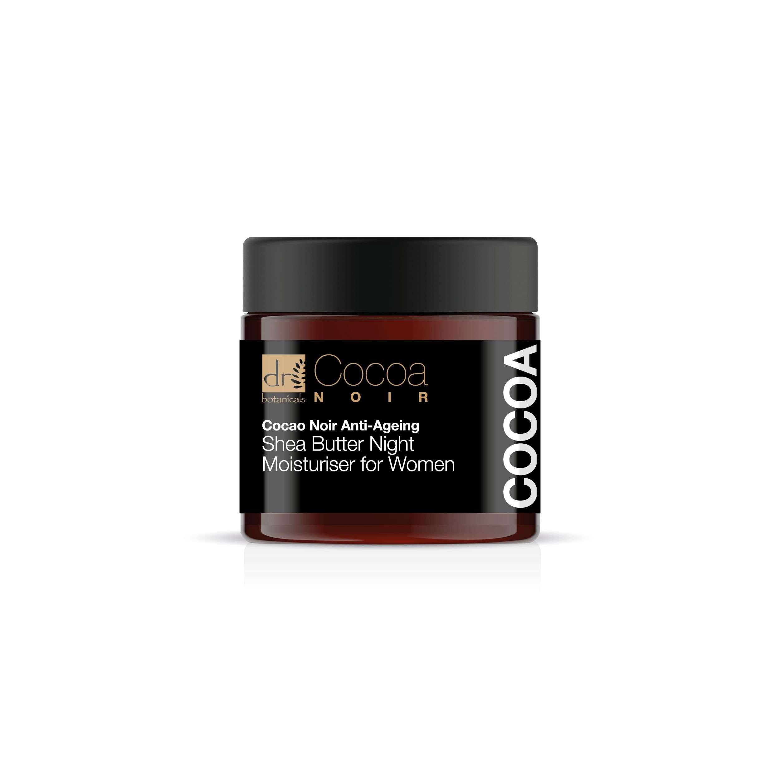 Creme-Tiegel mit schwarzem Deckel. Aufschrift: Cocoa Noir Anti-Ageing Shea Butter Night Moisturiser for Women.
