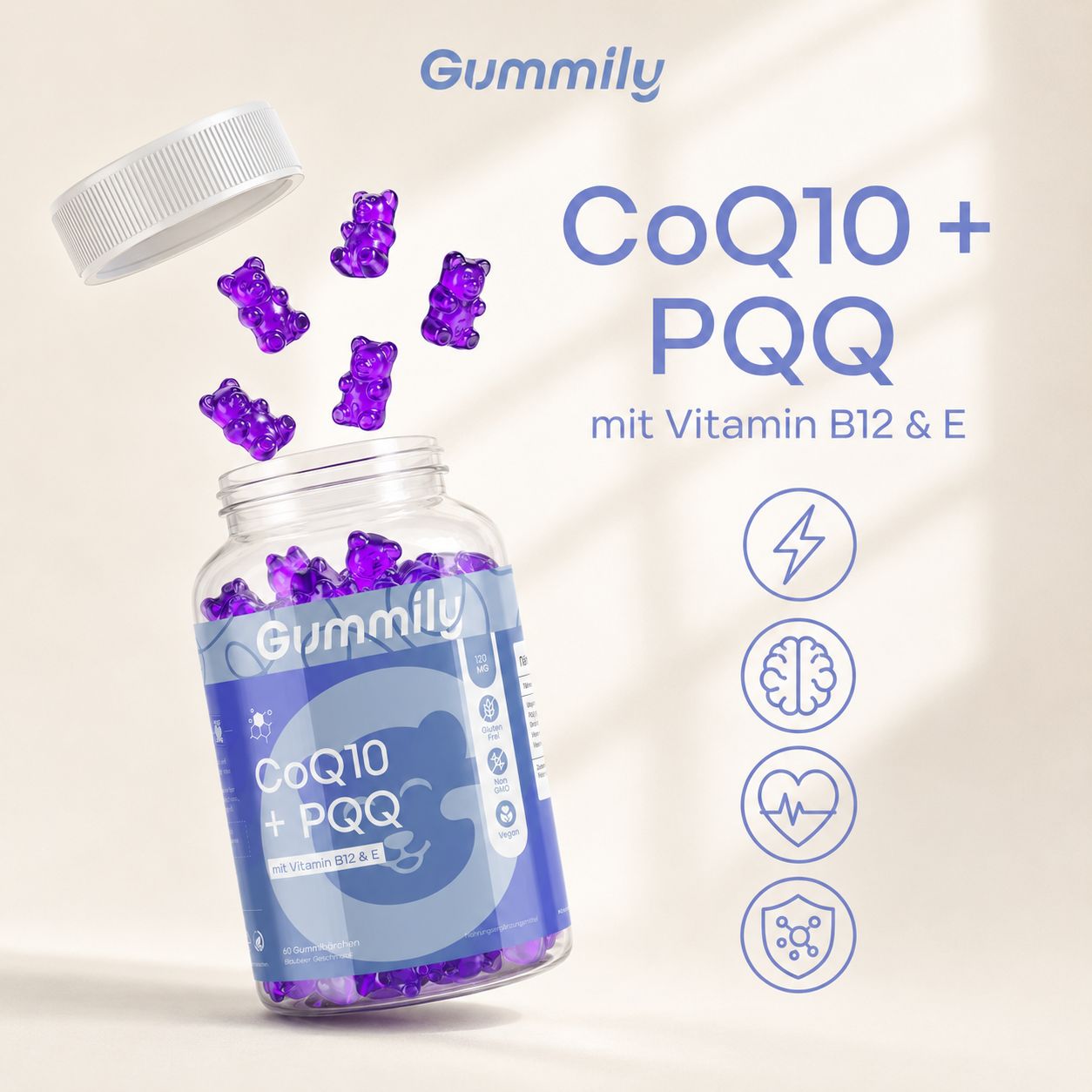 Gummily CoQ10 + PQQ Gummibärchen fliegen aus einem geöffneten Behälter. Icons für Energie, Gehirn, Herz, Immunsystem.