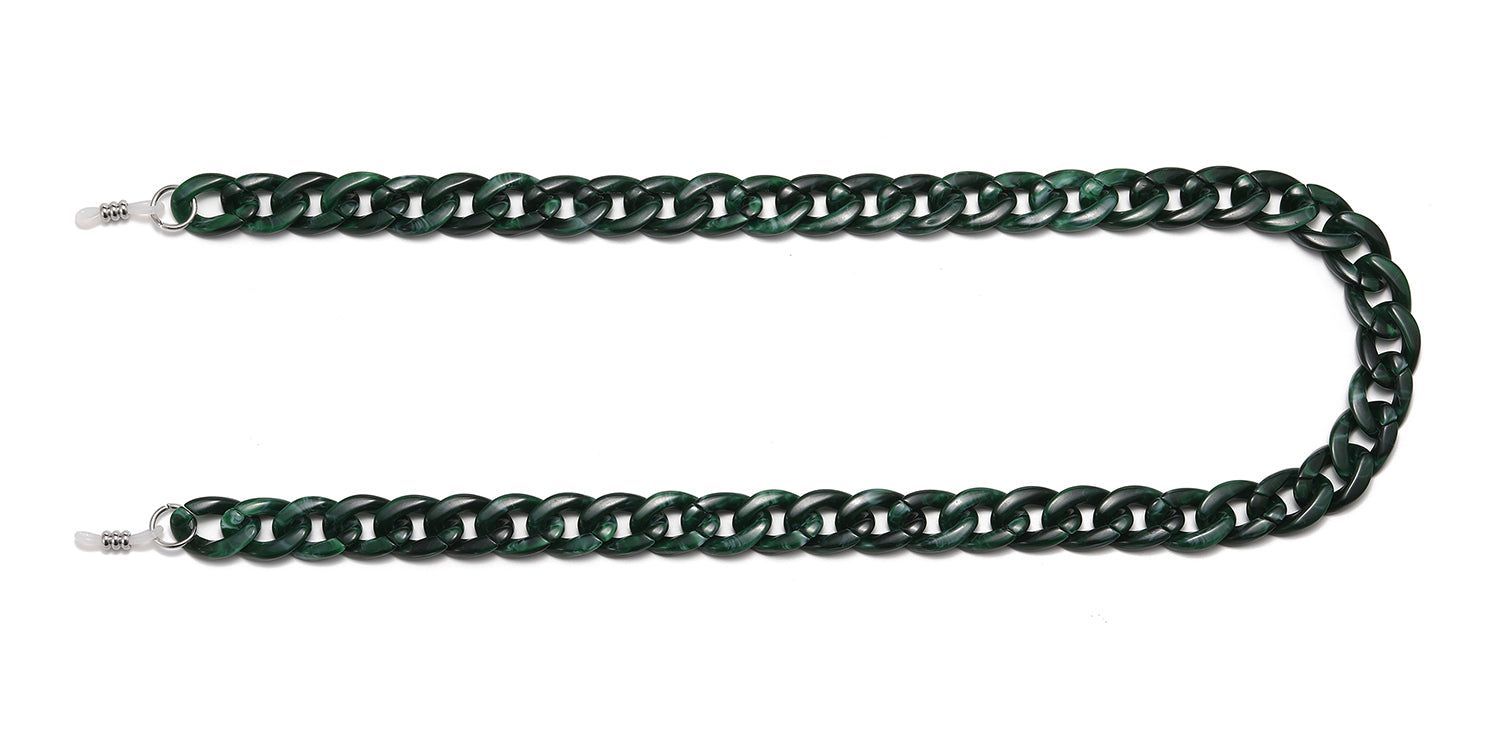 Grüne Brillenkette, U-förmig. Kettenglieder aus Kunststoff, mit Metallbefestigungen für Brillenbügel.
