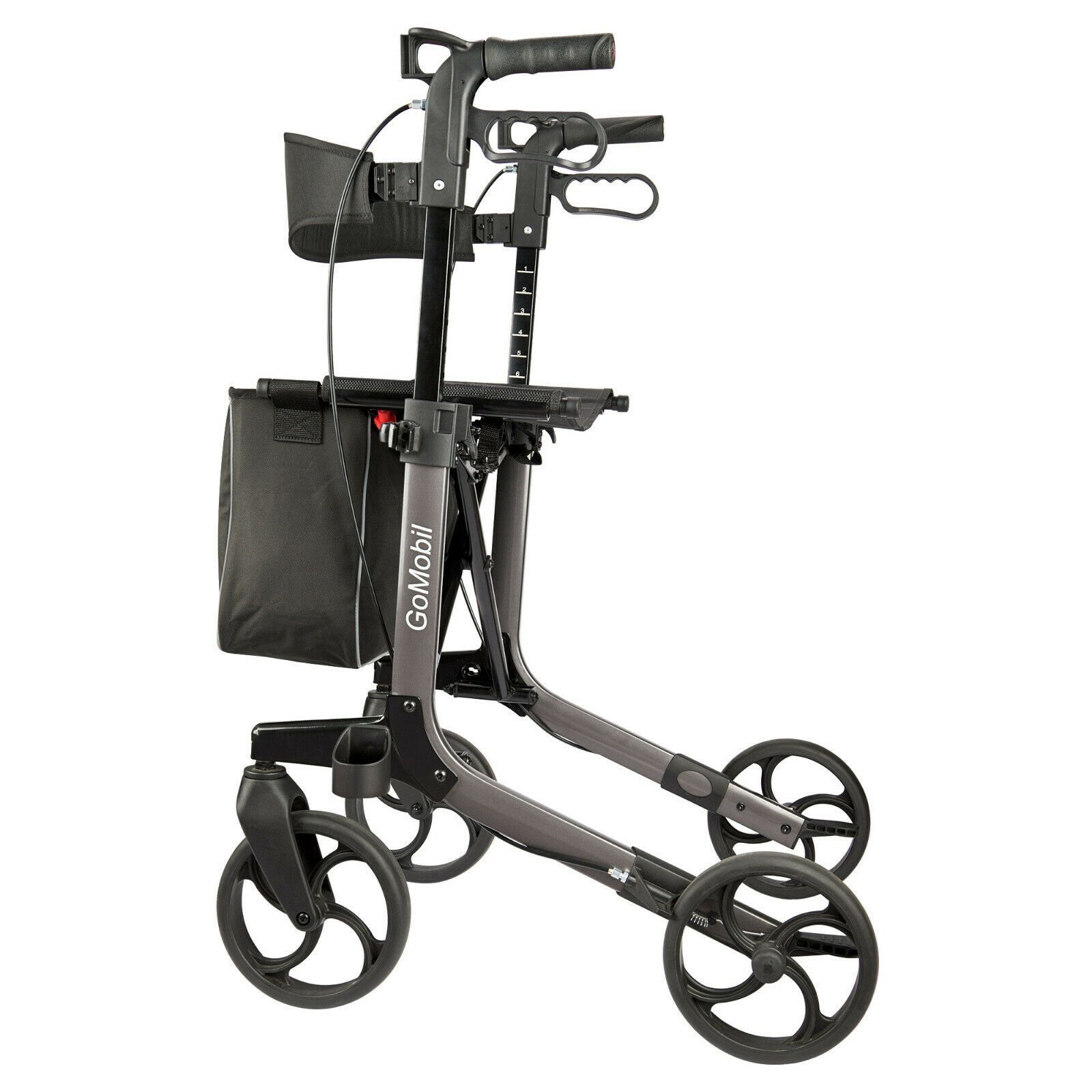 Grauer Rollator mit vier Rädern, Tasche und Griffen. Aufschrift GoMobil. Schwarze Tasche und Details.