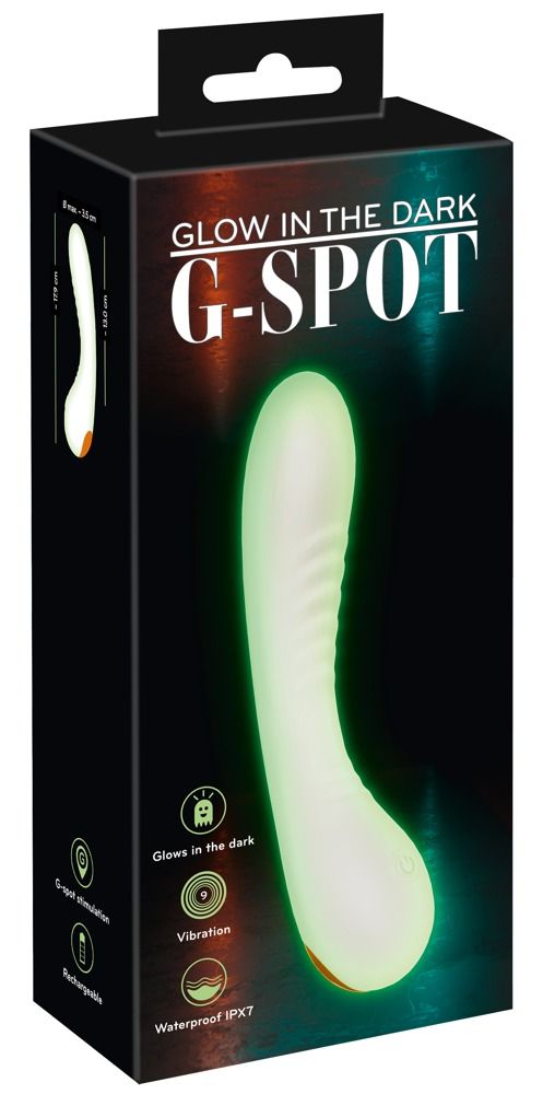 Schwarze Verpackung mit Vibrator-Abbildung. Produktname: G-SPOT GLOW IN THE DARK. Eigenschaften: Vibration, wasserdicht.