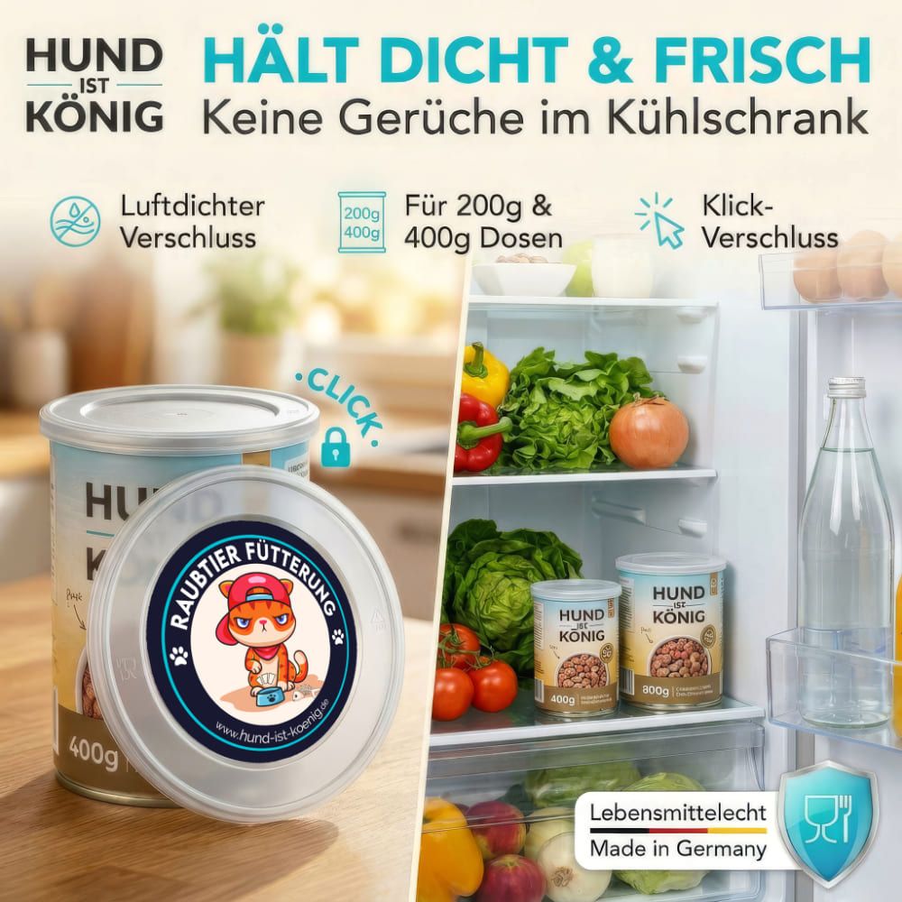 Kühlschrank mit Dosen und Deckel. Aufschrift: HUND IST KÖNIG. Hält dicht & frisch. Klick-Verschluss. Für 200g & 400g Dosen.