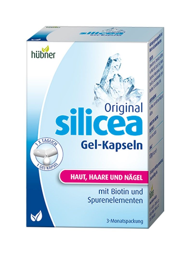 Weiße Schachtel mit "hübner"-Logo und "silicea Gel-Kapseln". Enthält Kapsel-Abbildung und Text: Haut, Haare und Nägel.