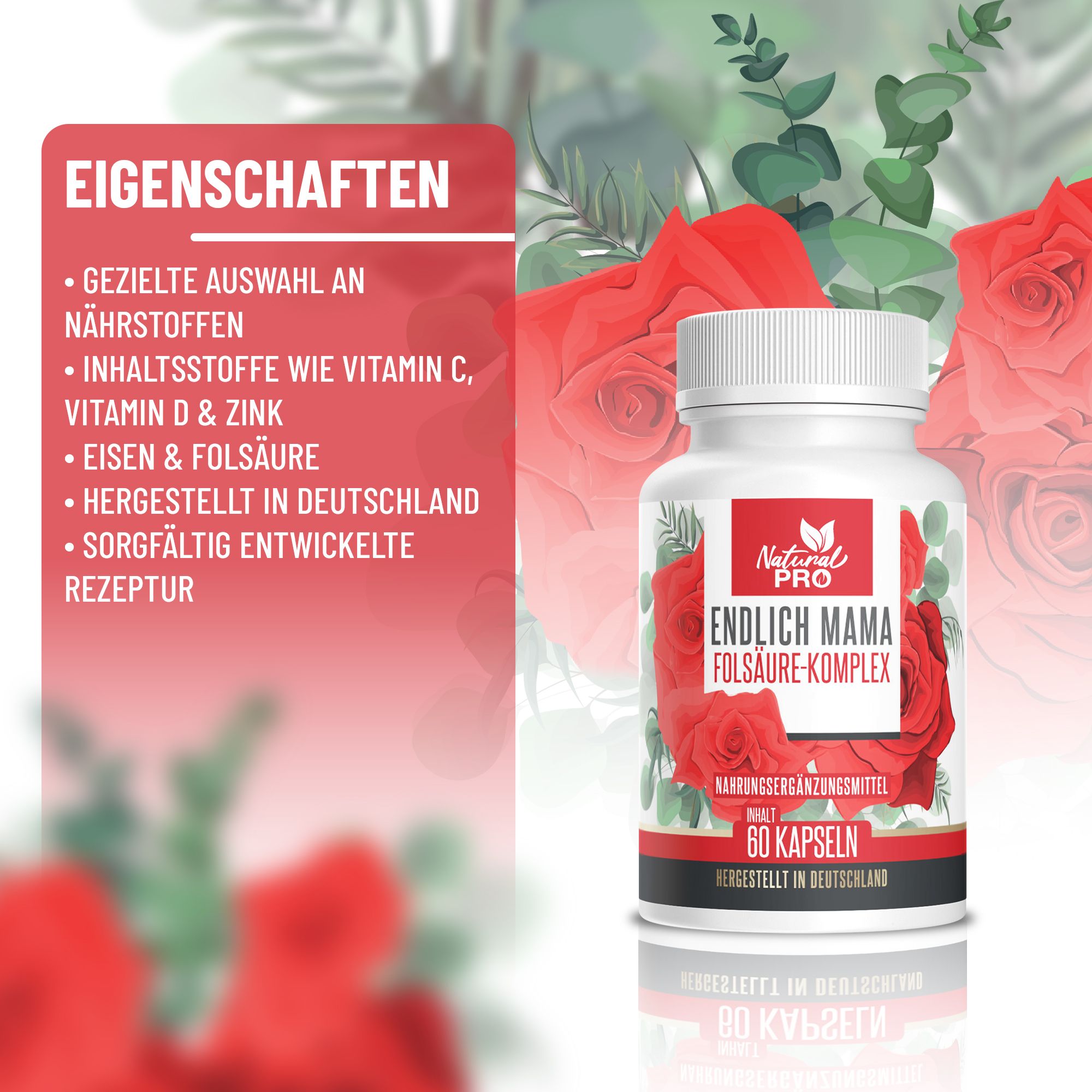 Eigenschaften: Flasche mit Kapseln. Text: Gezielte Auswahl an Nährstoffen, Vitamin C, D & Zink, Eisen & Folsäure. Natural Pro.