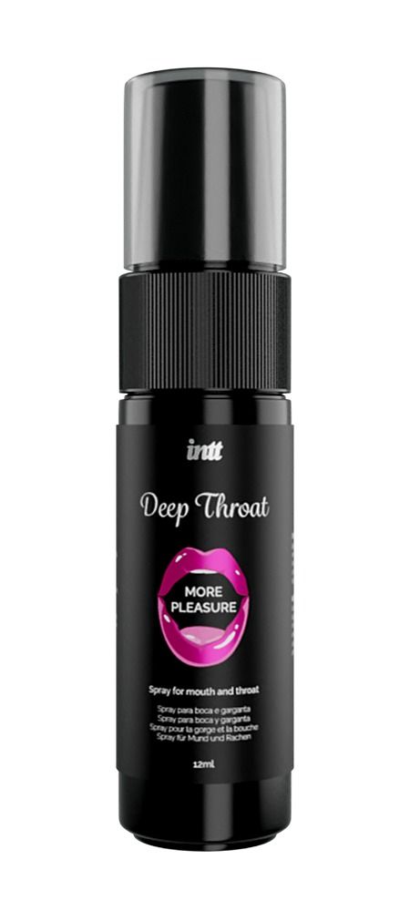 Schwarze Sprühflasche mit Produktnamen und Lippen-Illustration. Text: Deep Throat, More Pleasure. Spray für Mund und Rachen.