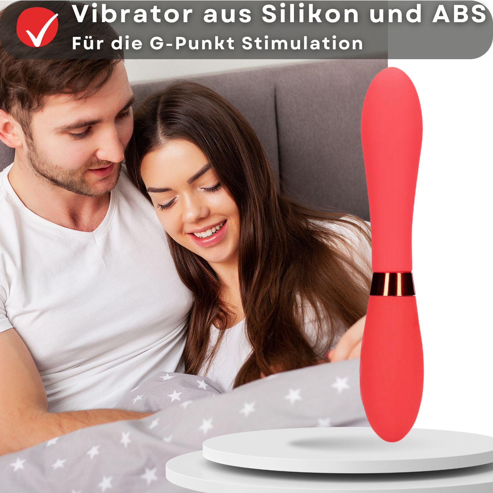 Roter Vibrator. G-Punkt-Stimulation. Paar im Hintergrund. Auf weißer Plattform.