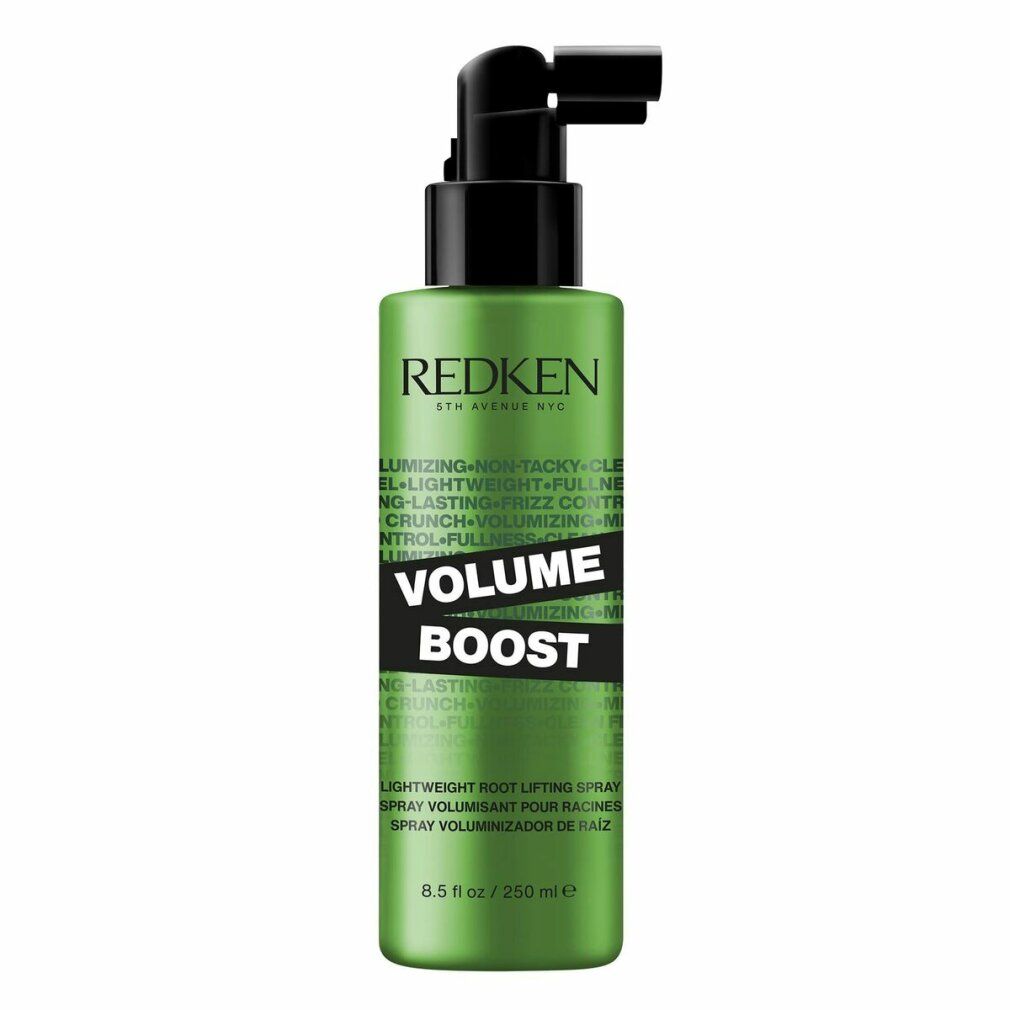 Grüne Sprühflasche mit schwarzem Sprühkopf. Aufschrift: Redken, Volume Boost. Text: Lightweight Root Lifting Spray. 8.5 fl oz / 250 ml.