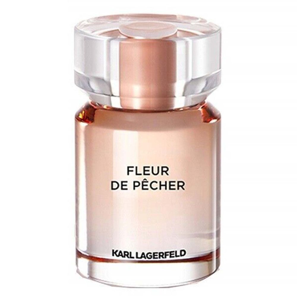 Fleur de Pêcher Eau de Parfum Flakon. Rosa Flüssigkeit, transparenter Verschluss. Karl Lagerfeld Logo.