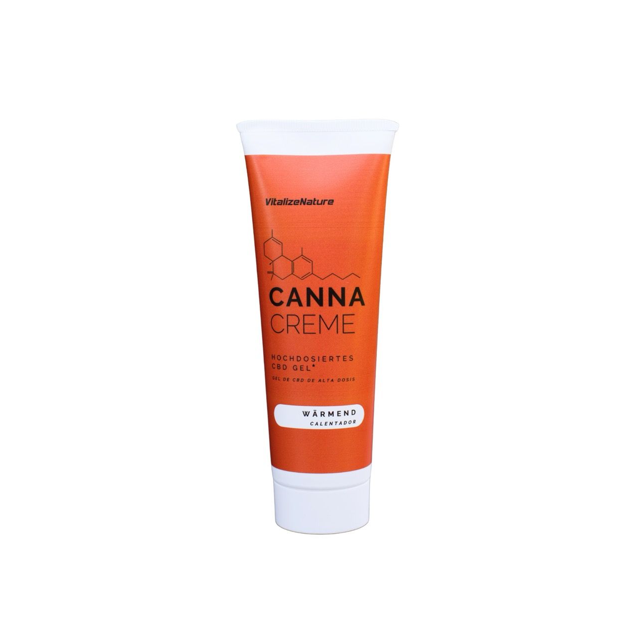 Canna Creme Tube. Orangefarbenes Tube mit weißem Deckel. Text: Canna Creme, wärmend.