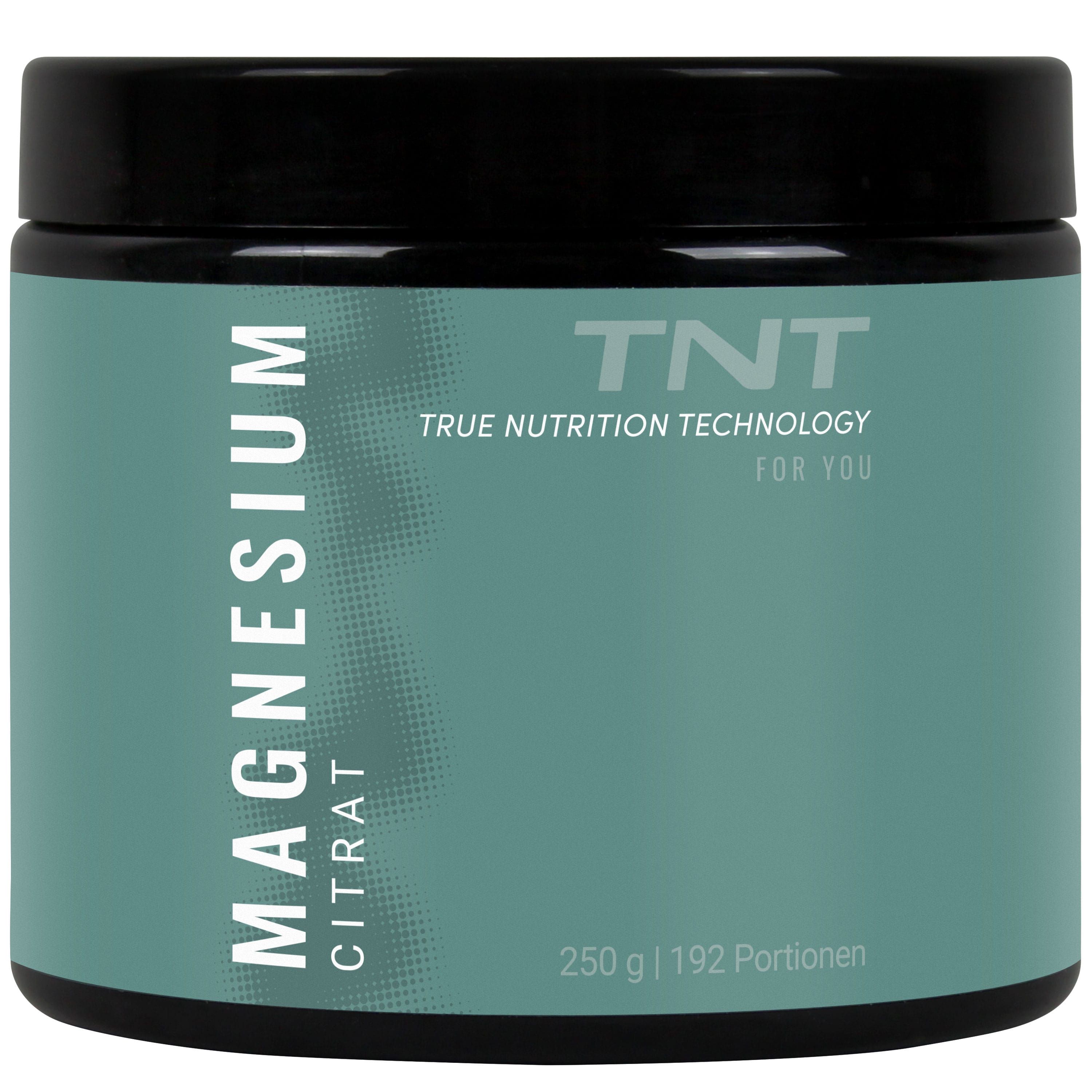 TNT Magnesium Citrat Dose. Grün-weißes Etikett mit Produktname und Marke. Schwarzer Deckel. 250g | 192 Portionen.