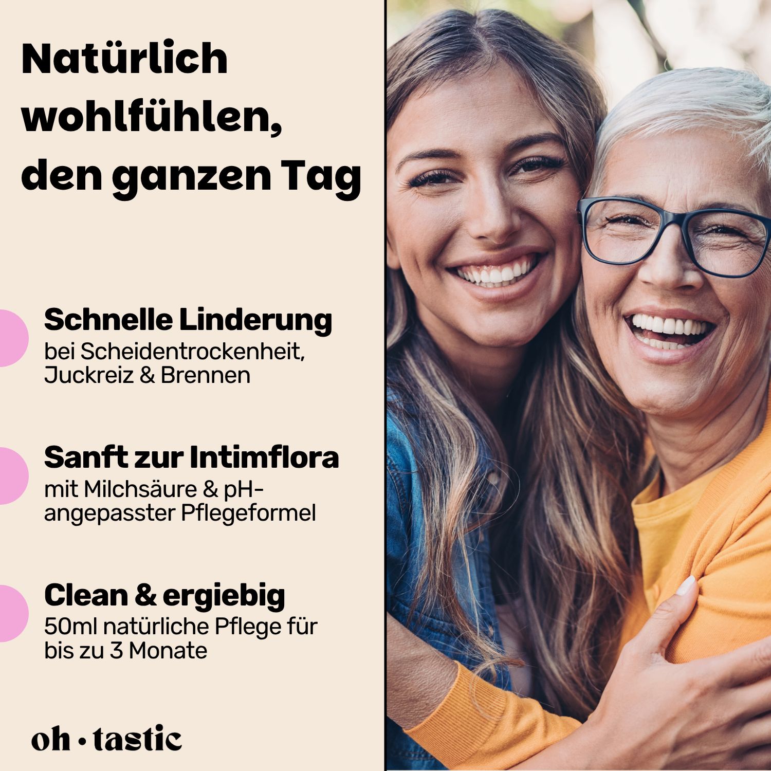 Zwei Frauen lächeln. Text: Natürliches Wohlfühlen, den ganzen Tag. Schnelle Linderung, sanft zur Intimflora, Clean & ergiebig. oh.tastic Logo.