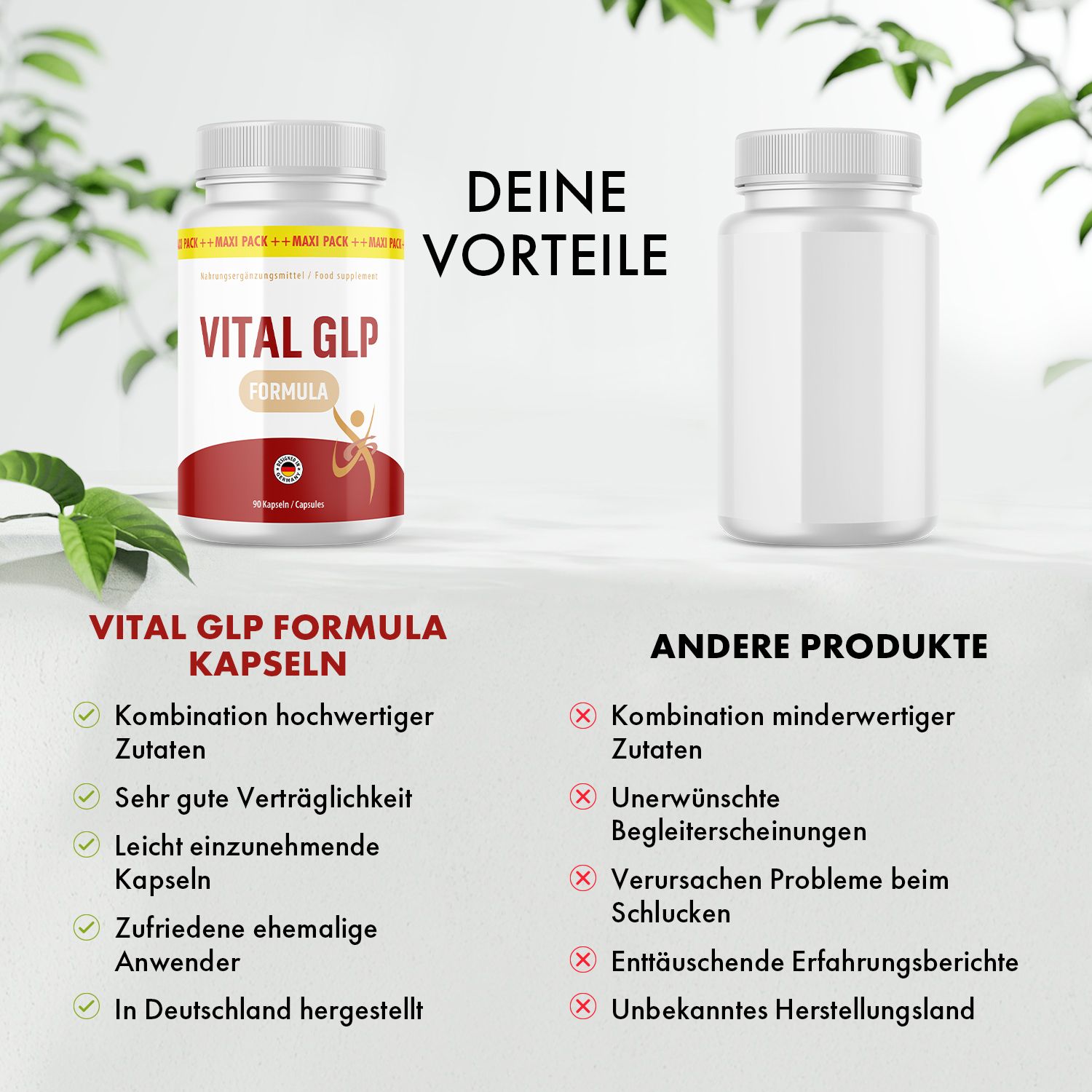 Zwei Flaschen, eine mit rotem Etikett: VITAL GLP FORMULA, eine leere. Text: DEINE VORTEILE. Auf der linken Seite: Vorteile. Auf der rechten Seite: Nachteile.