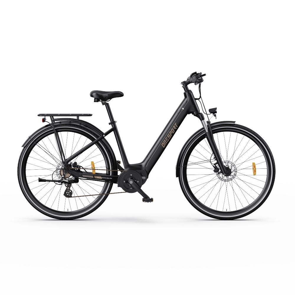 Schwarzes E-Bike mit zentralem Motor. Räder, Sattel, Gepäckträger und Lenker sind sichtbar. "ONESPORT" ist auf dem Rahmen.