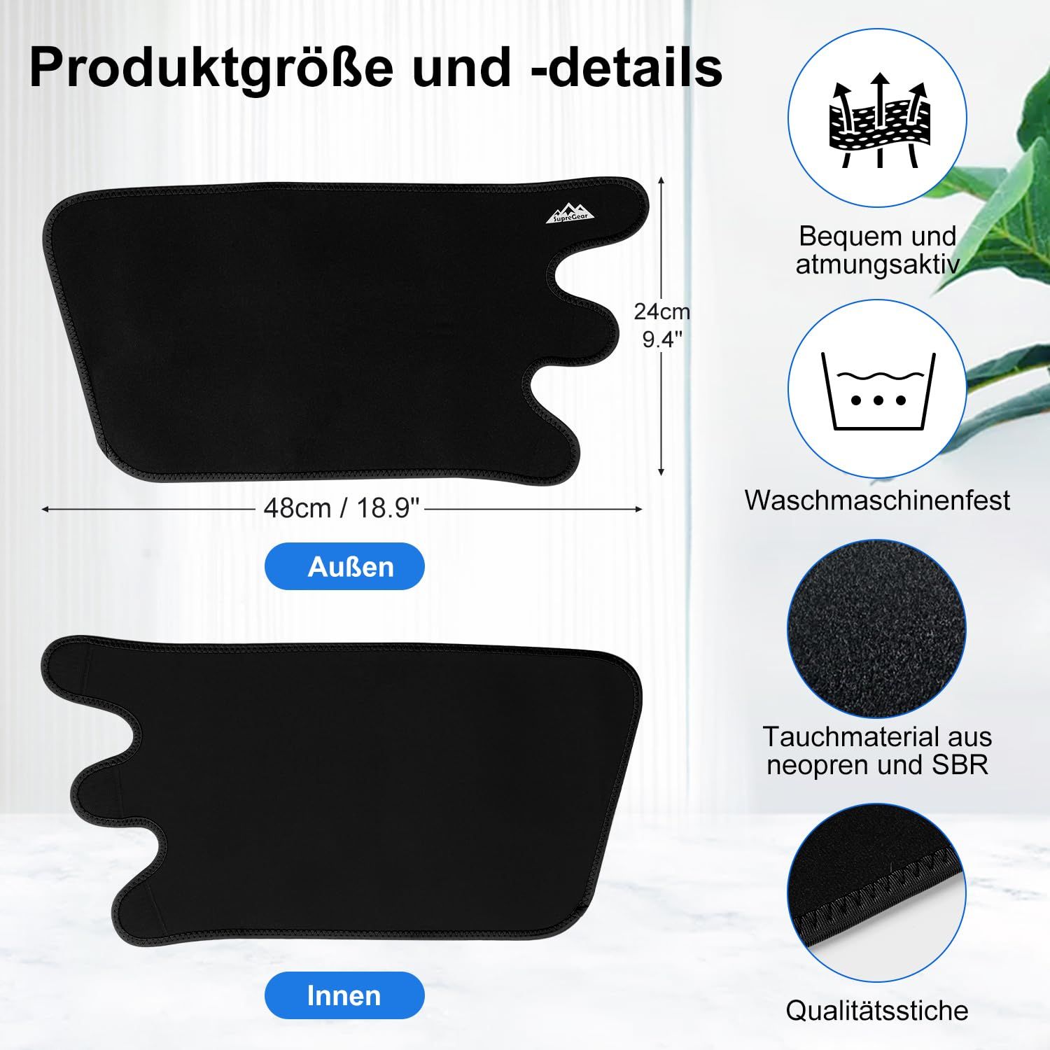 Schwarze Wadenbandage, Maße 48x24 cm, aus Neopren und SBR, waschmaschinenfest.