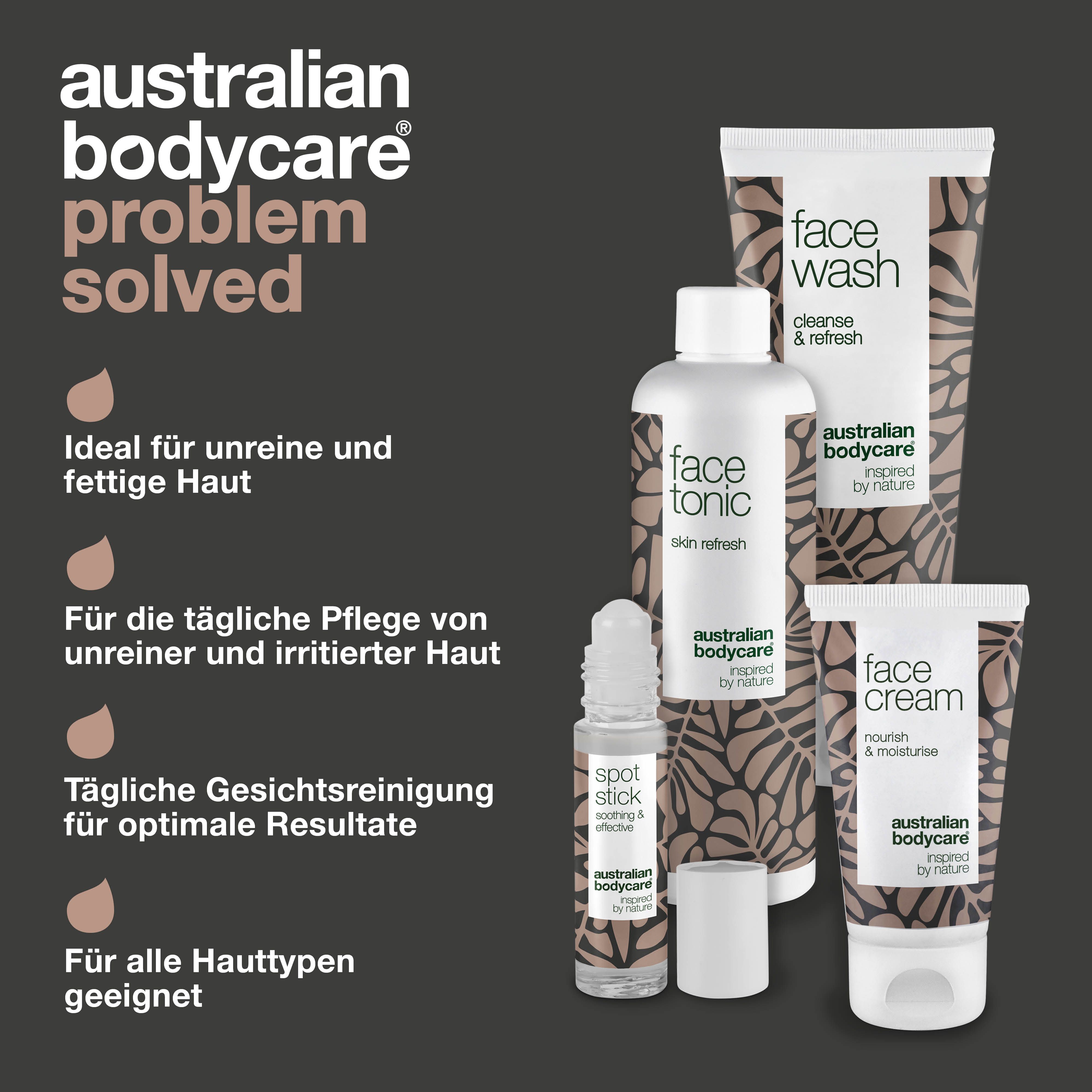 Vier Produkte: Face Wash, Face Tonic, Face Cream und Spot Stick. Text: Problem gelöst. Geeignet für alle Hauttypen.