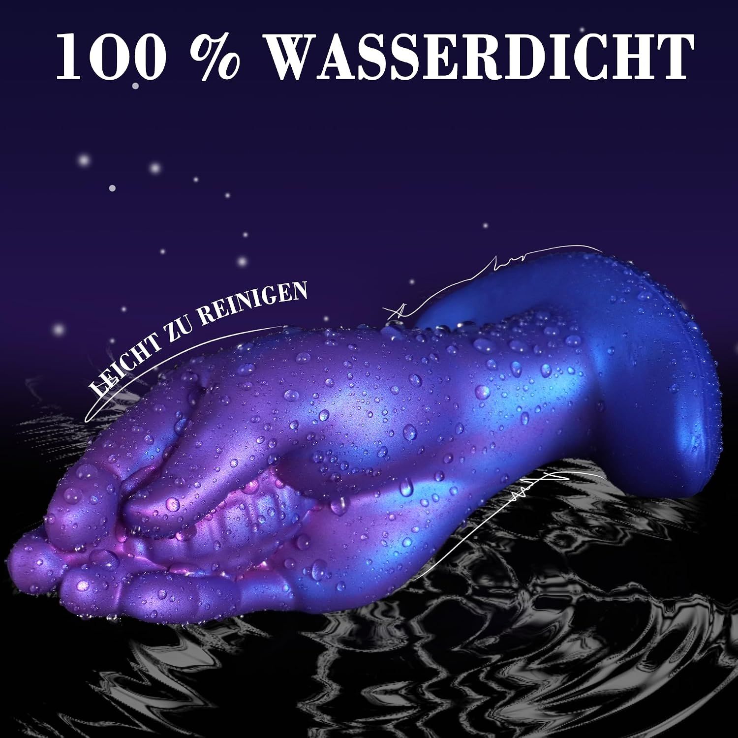 Blauer, geschwungener Artikel mit T-förmiger Basis, gehalten von einer Hand in schwarzer Handschuh. Nahaufnahme.