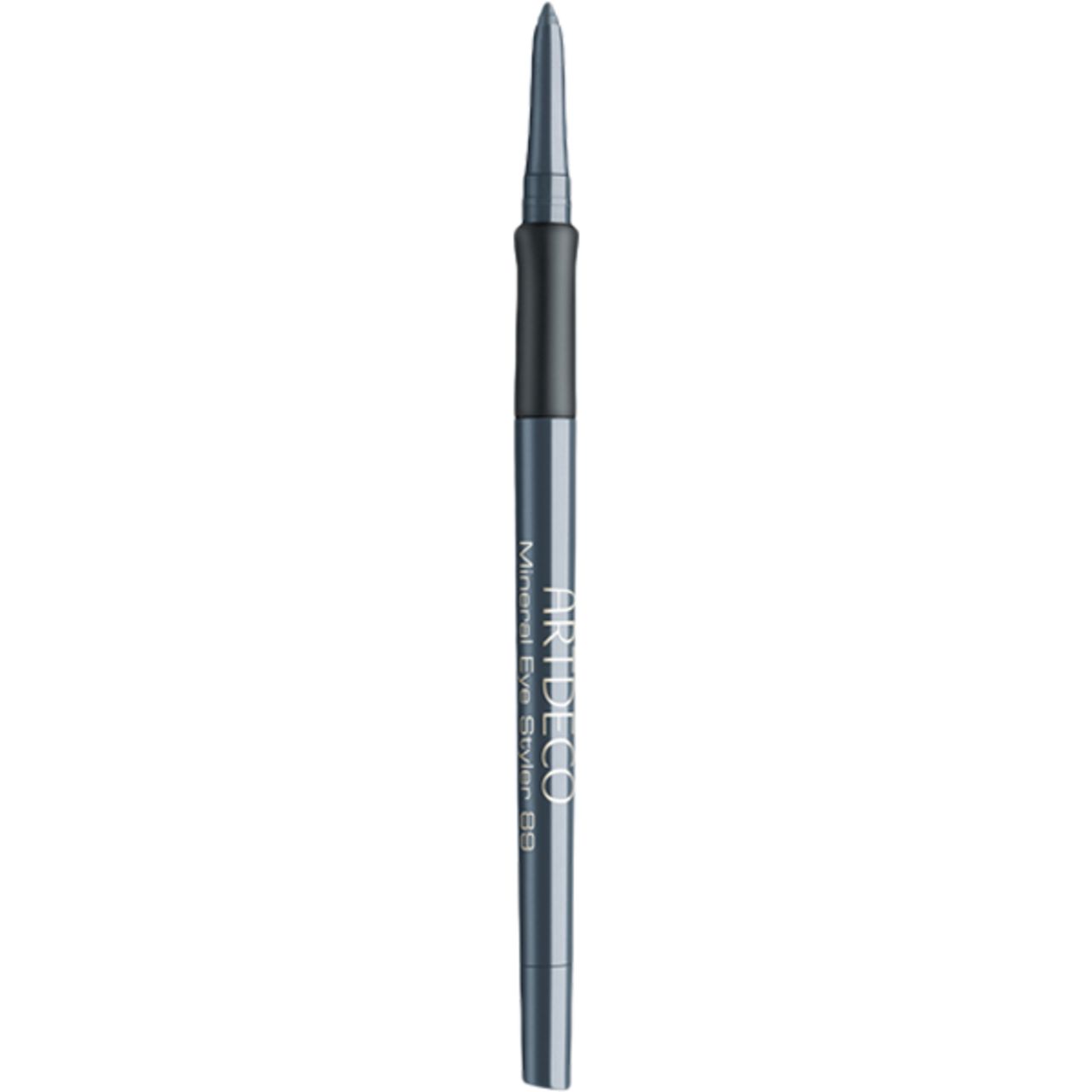 Mineral Eye Styler von Artdeco. Dunkelgrauer Stift mit Spitze. Schwarzer Mittelteil. Produktbeschriftung.