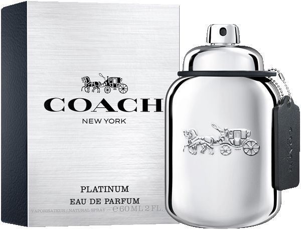 Coach Platinum Eau de Parfum Flakon, silberfarben, mit Anhänger.