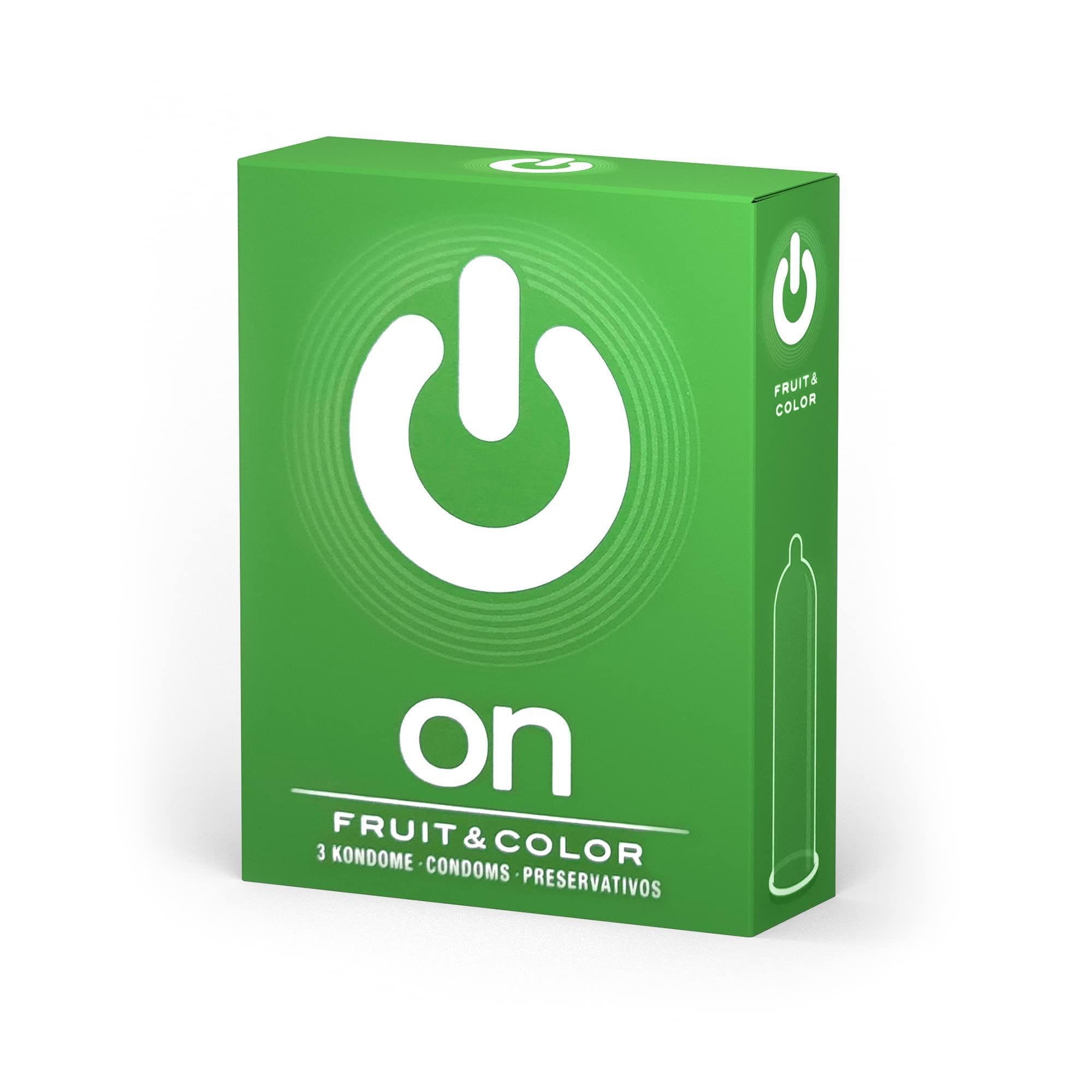 Grüne ON Kondom-Packung mit dem Aufdruck 'Fruit & Color' und '3 Kondome'.