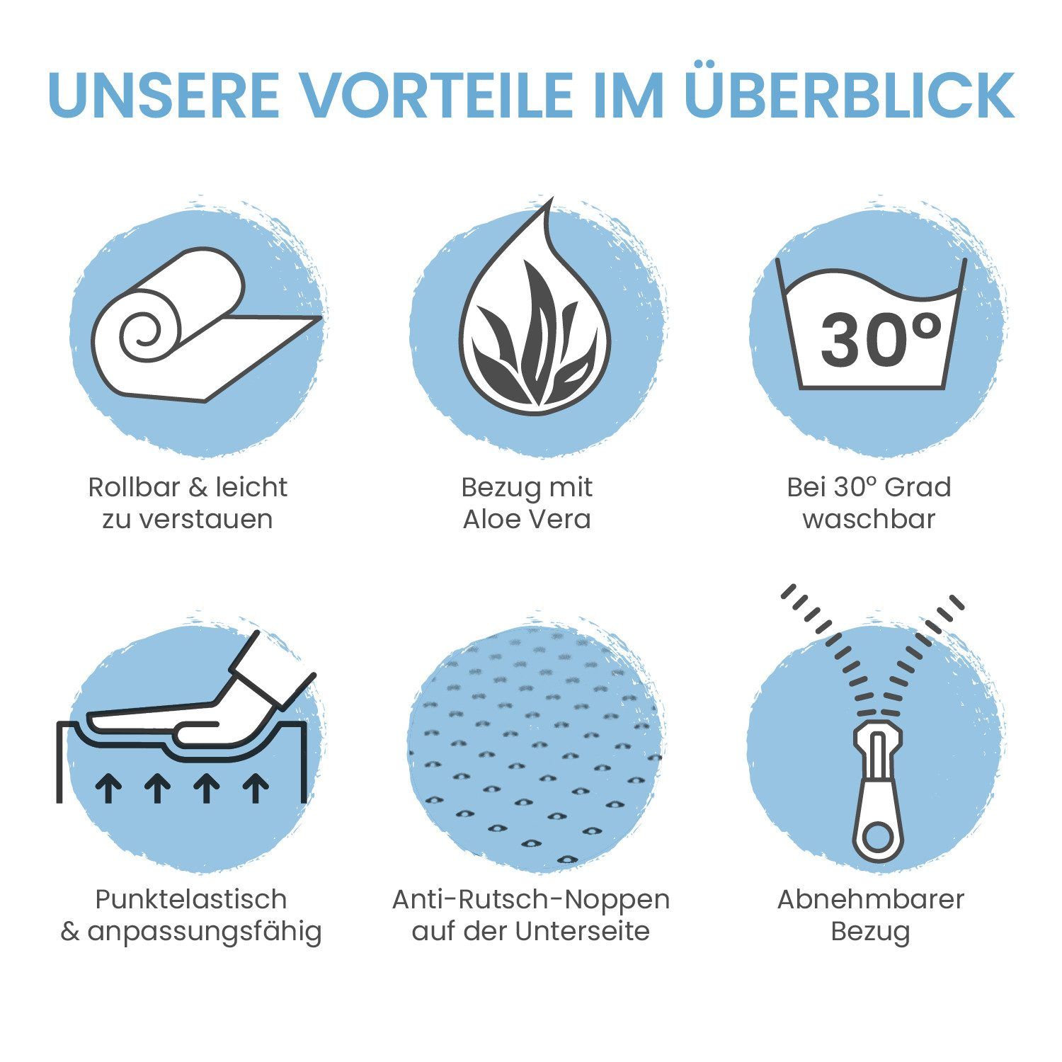 Sechs Icons: Rollbar, Aloe Vera Bezug, waschbar, punktelastisch, Anti-Rutsch-Noppen, abnehmbarer Bezug.