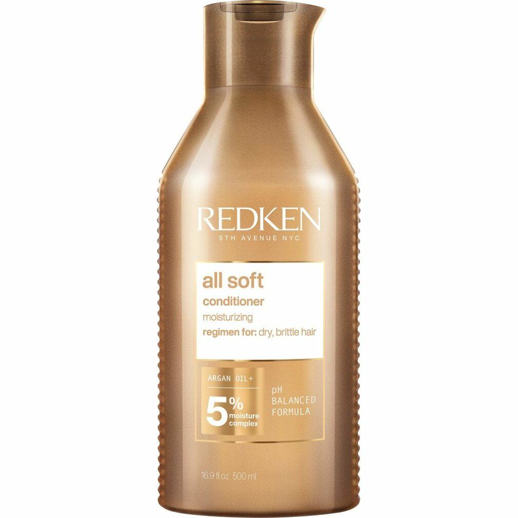 Goldfarbene Flasche mit Conditioner. Aufschrift: Redken, All Soft. Enthält Arganöl und 5% Feuchtigkeitskomplex. pH-ausgeglichen. Für trockenes, brüchiges Haar.