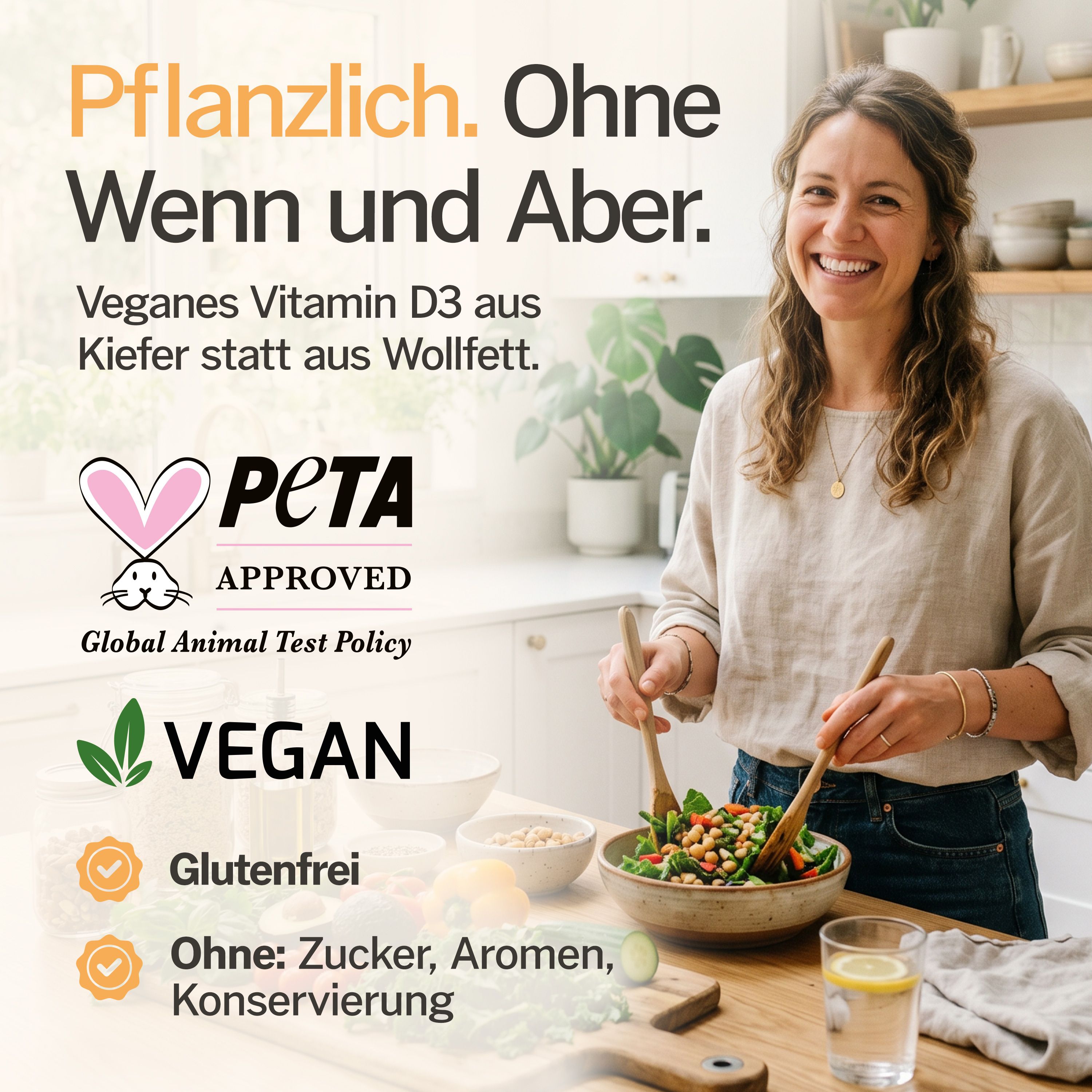 Frau in Küche, PETA & Vegan Siegel, Text "Pflanzlich. Ohne Wenn und Aber."