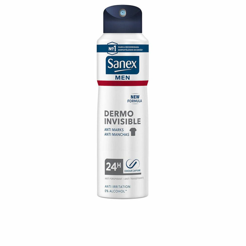 Sanex Men Dermo Invisible Deodorant Spray. Weiße Sprühdose mit blauem Deckel. Produktname und Eigenschaften aufgedruckt.