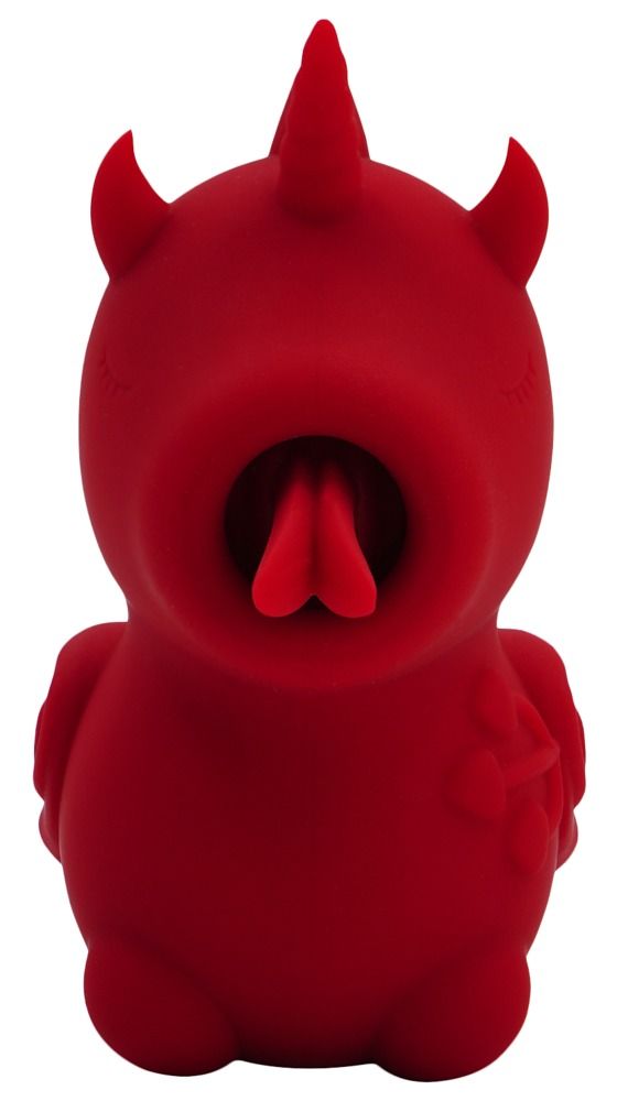 Vorderansicht des roten Unihorn Blaze Diablo Vibrators in Einhorn-Teufel-Form.