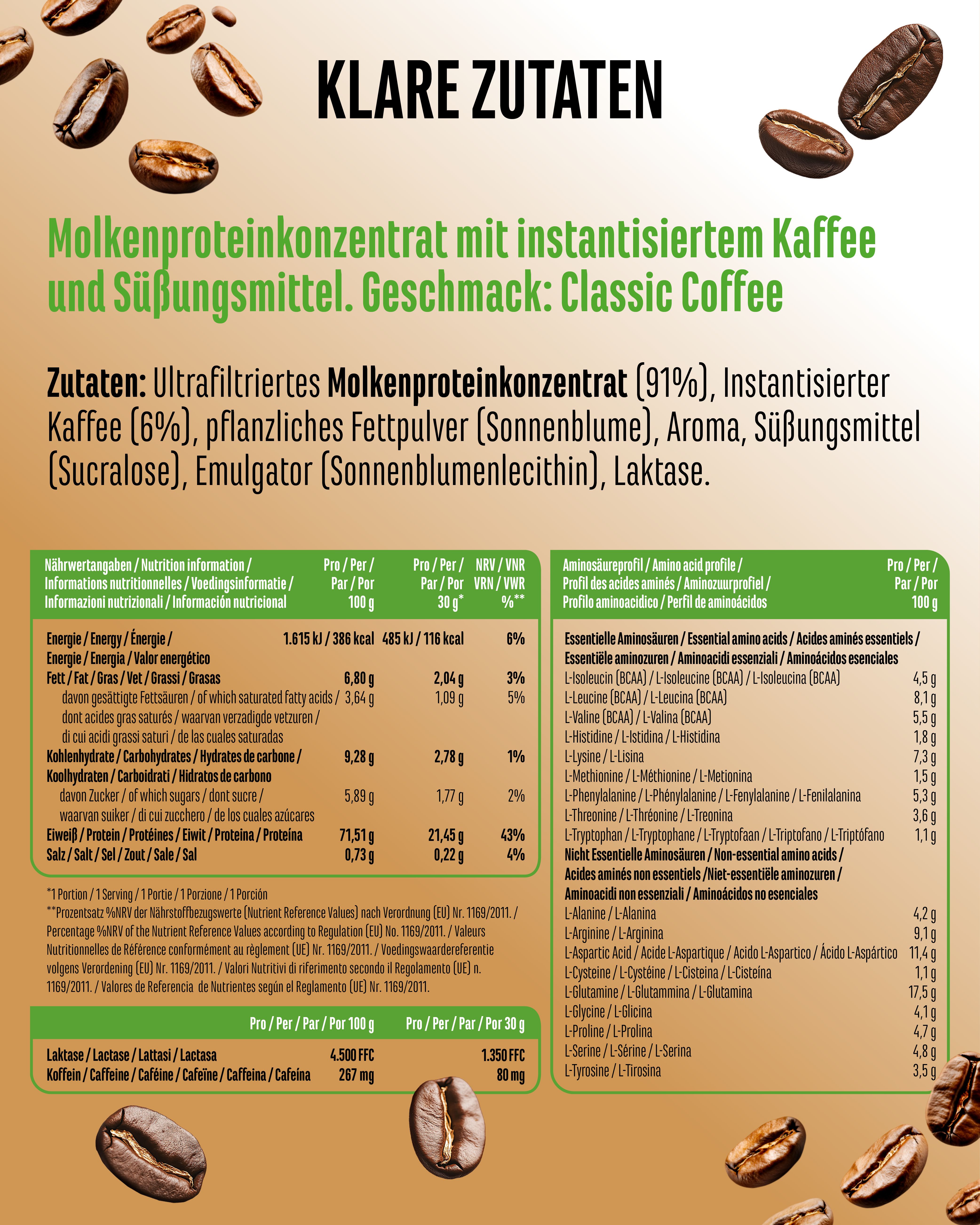 Nährwerttabelle für "vit4ever Barista Protein Coffee". Enthält Informationen zu Inhaltsstoffen und Aminosäuren.