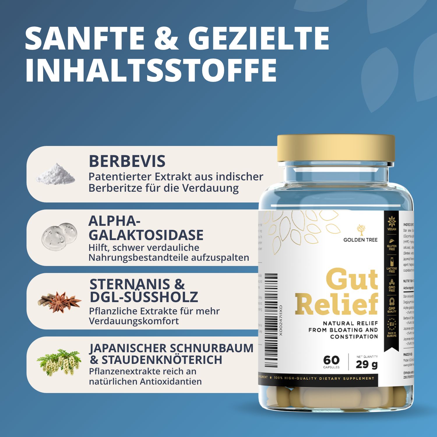 Flasche mit Golden Tree Gut Relief Kapseln, daneben Sternanis und eine Übersicht der Inhaltsstoffe wie Berbevis.