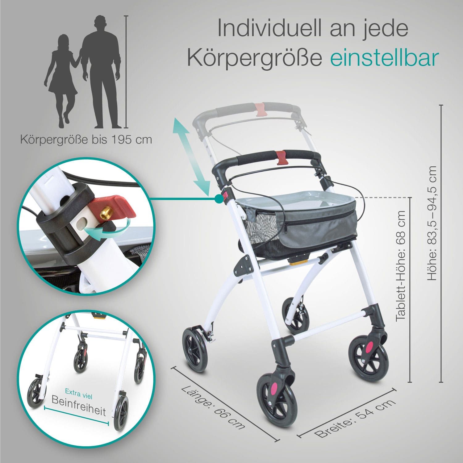 Rollator mit weißen Rahmen, schwarze Räder und Korb. Graue Tasche. Maße: Höhe 83,5-94,5 cm, Länge 66 cm, Breite 54 cm. Text.