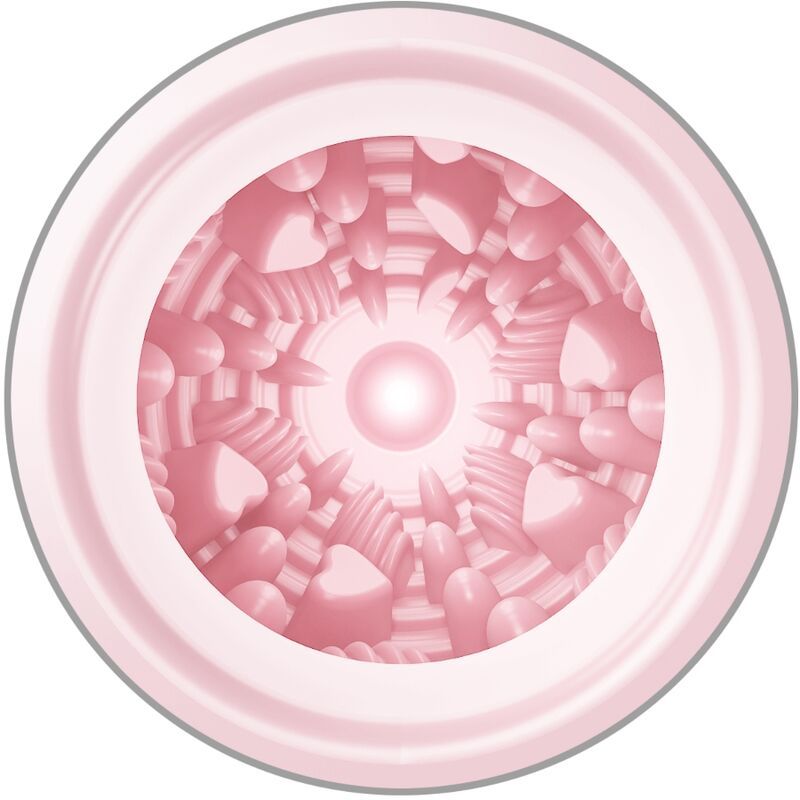 Innenansicht eines rosa Masturbators mit komplexer, texturierter Oberfläche aus Herzen und Rillen.