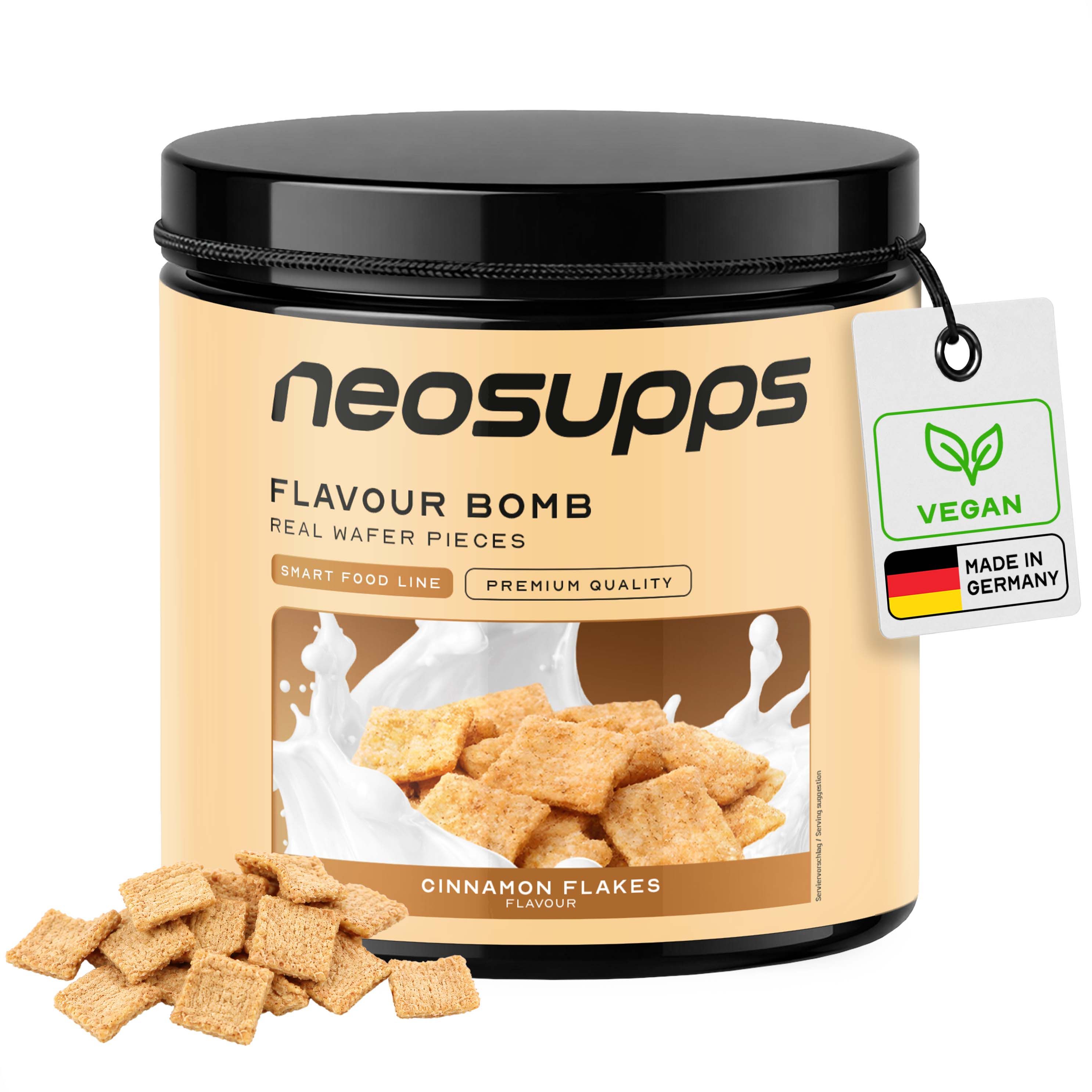 Neosupps Geschmackspulver mit Zimtflocken in einer Dose, vegan und Made in Germany.