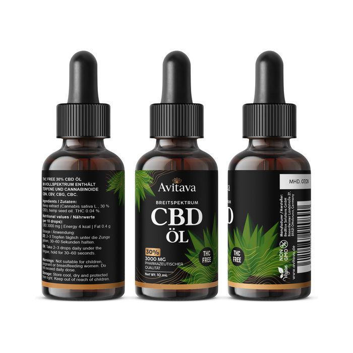 Drei Avitava CBD Öl Flaschen mit Pipette. Breitspektrum, THC-frei, 3000 mg, pharmazeutische Qualität.