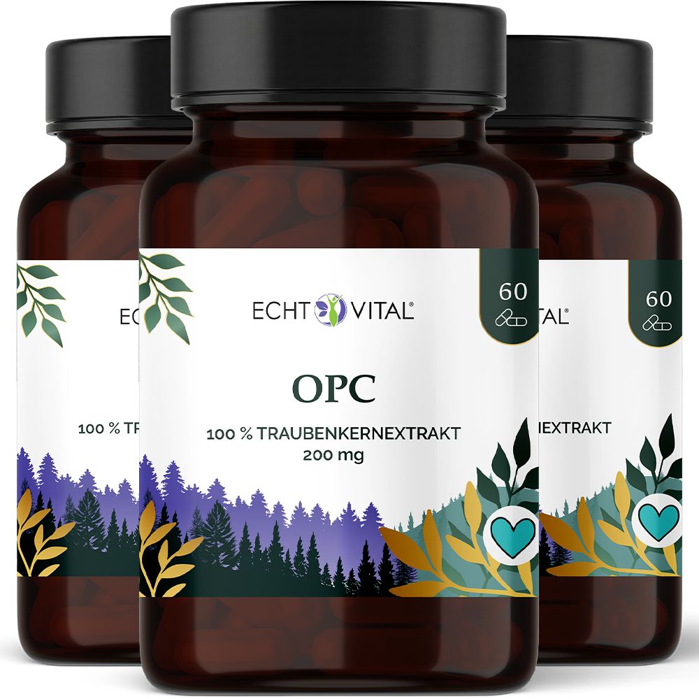 Drei Flaschen Echt Vital OPC Traubenkernextrakt, 200 mg pro Kapsel, 60 Kapseln.
