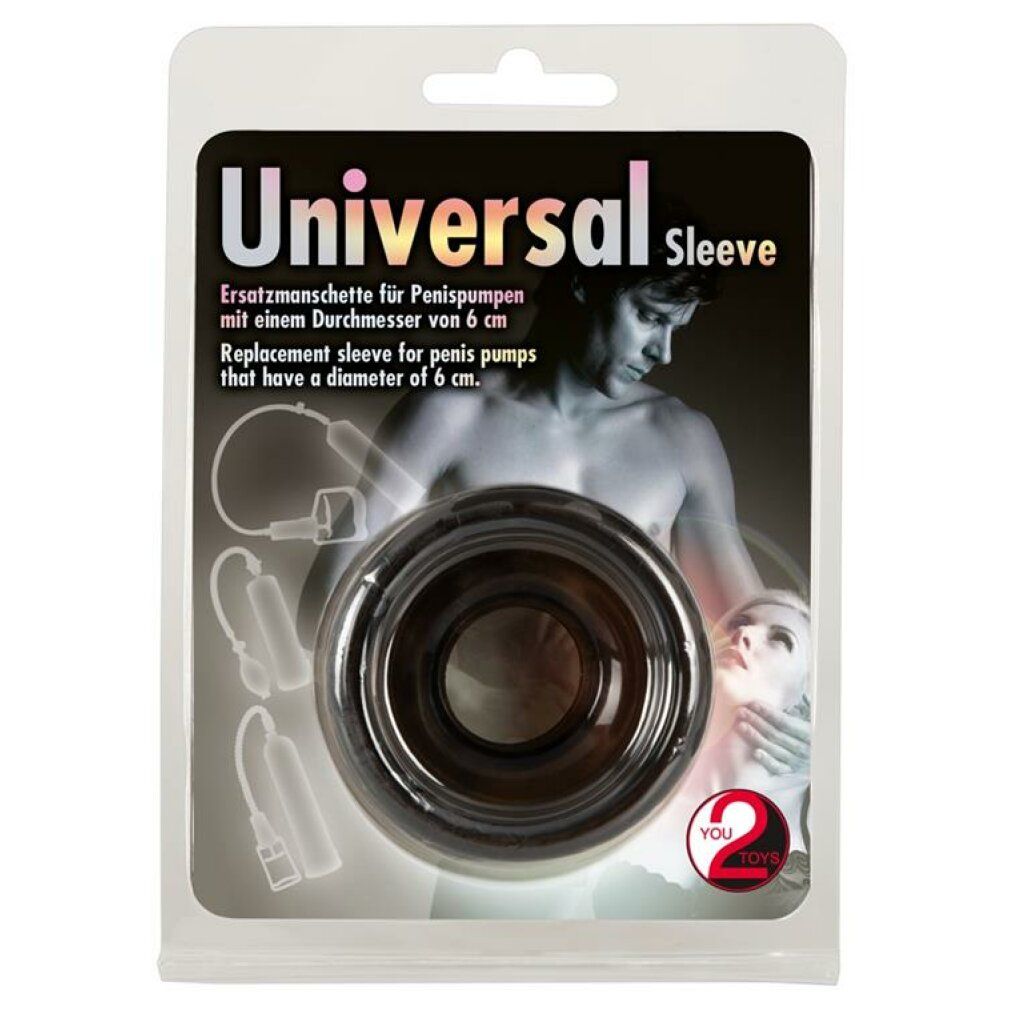 Verpackung mit Ersatzmanschette. Text: 'Universal Sleeve', 'Ersatzmanschette für Penispumpen'. You2Toys Logo.