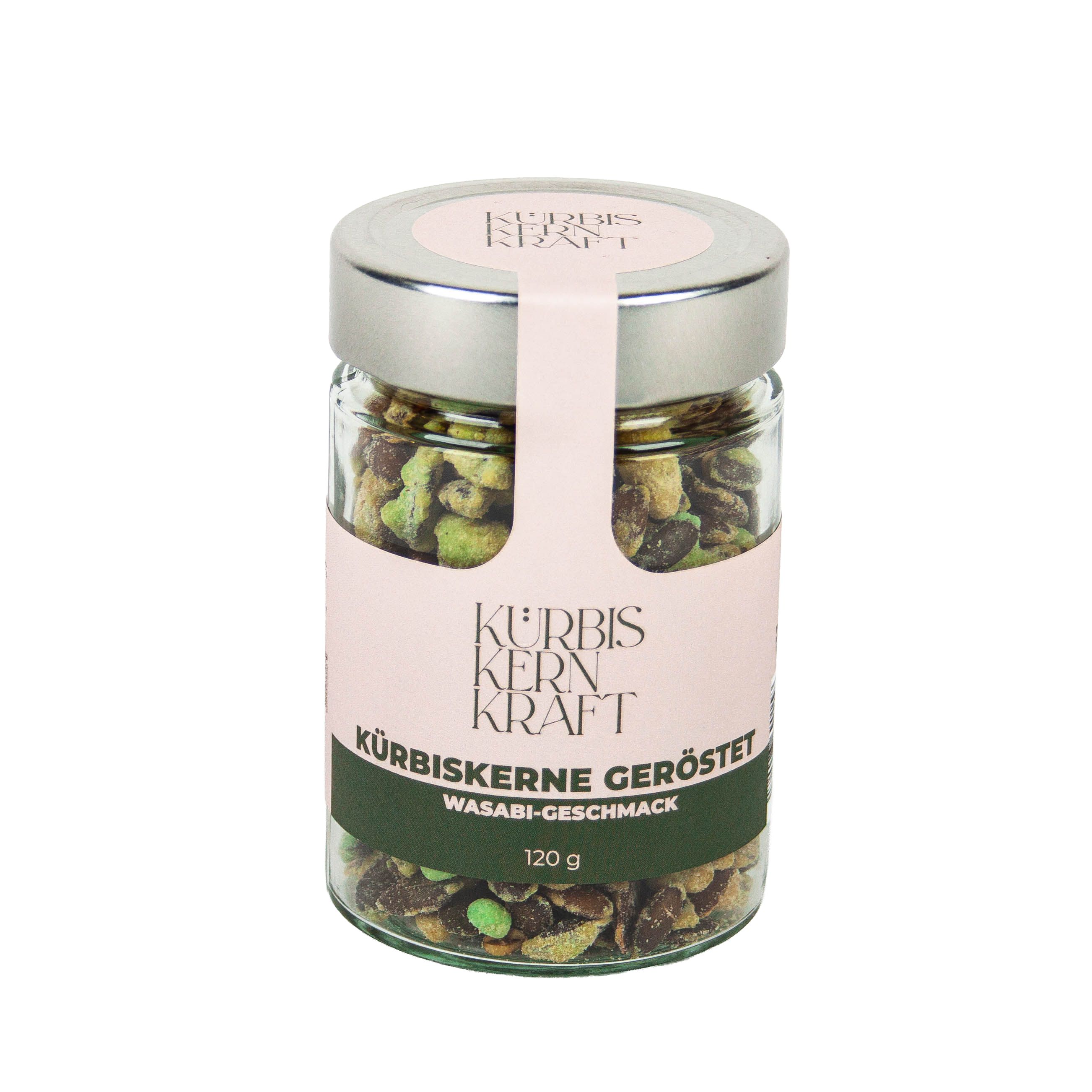 Glas mit gerösteten Kürbiskernen. Aufschrift: KürbisKernKraft, Kürbiskerne geröstet Wasabi-Geschmack, 120 g.