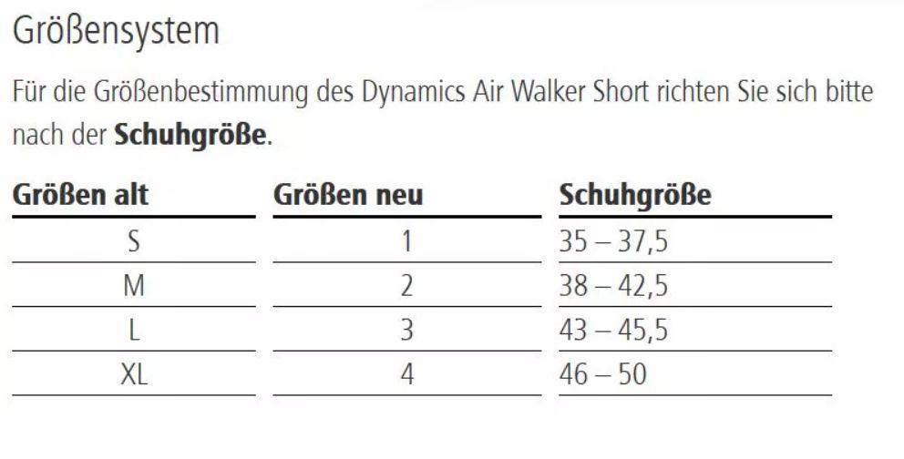 Größentabelle für Dynamics Air Walker Short. Größenangaben: S, M, L, XL. Schuhgrößen von 35 bis 50.