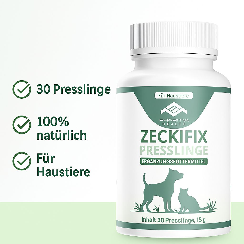 Weiße Flasche mit grünem Etikett. Aufschrift: Zeckifix Presslinge, Ergänzungsfuttermittel. Logo mit Hund und Katze. 30 Presslinge, 100% natürlich.
