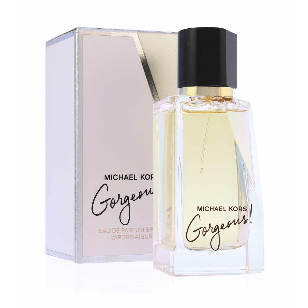 Parfümflasche und Verpackung. Aufschrift: MICHAEL KORS Gorgeous!. Flasche und Verpackung in Rosa- und Goldtönen.