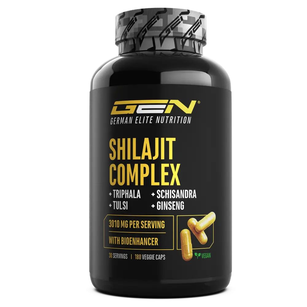 Schwarze Flasche mit GEN Shilajit Complex. Enthält Kapseln. Aufschrift: Shilajit Complex, Triphala, Tulsi, Schisandra, Ginseng. 3010 mg pro Portion.