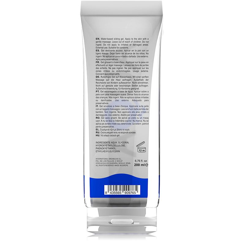 Rückseite einer Aqua Wasserbasis Gleitcreme Tube mit Anwendungshinweisen und Inhaltsstoffen.