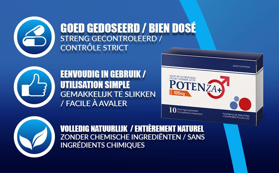Packung mit Tabletten. Text: Potenza+ 100mg. Gut dosiert, streng kontrolliert. Einfache Anwendung. Vollständig natürlich.