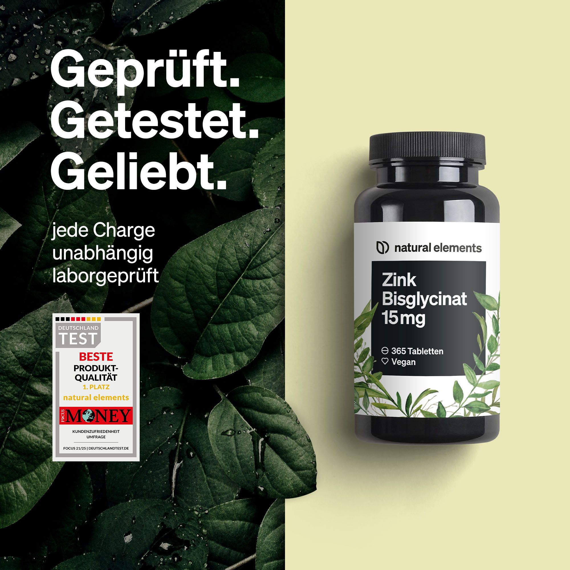 Flasche "natural elements Zink Bisglycinat 15mg". 365 Tabletten, vegan. Text: "Geprüft. Getestet. Geliebt."