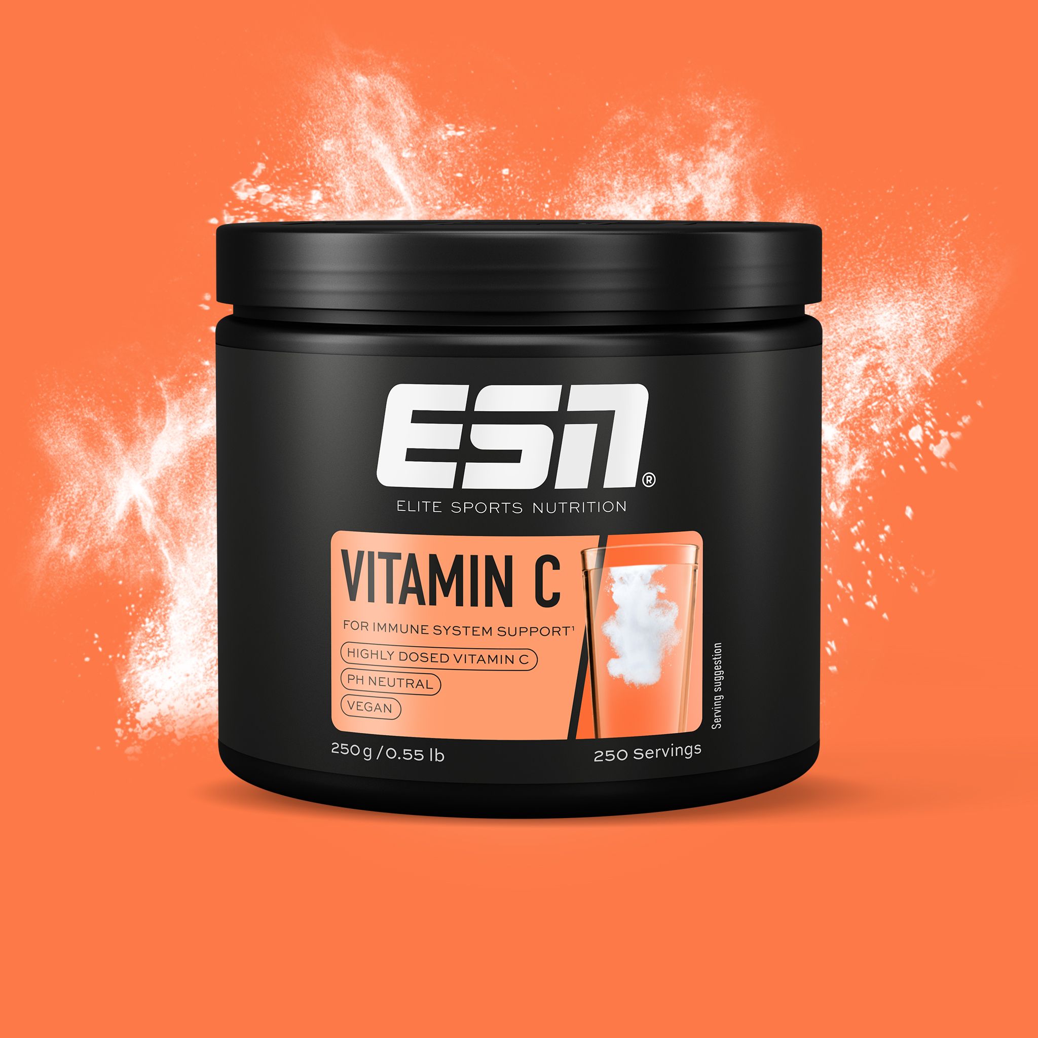 Schwarze Dose mit ESN Vitamin C Pulver. Orangefarbener Aufkleber mit Produktinformationen. Vegan, pH-neutral, 250g/0.55 lb.