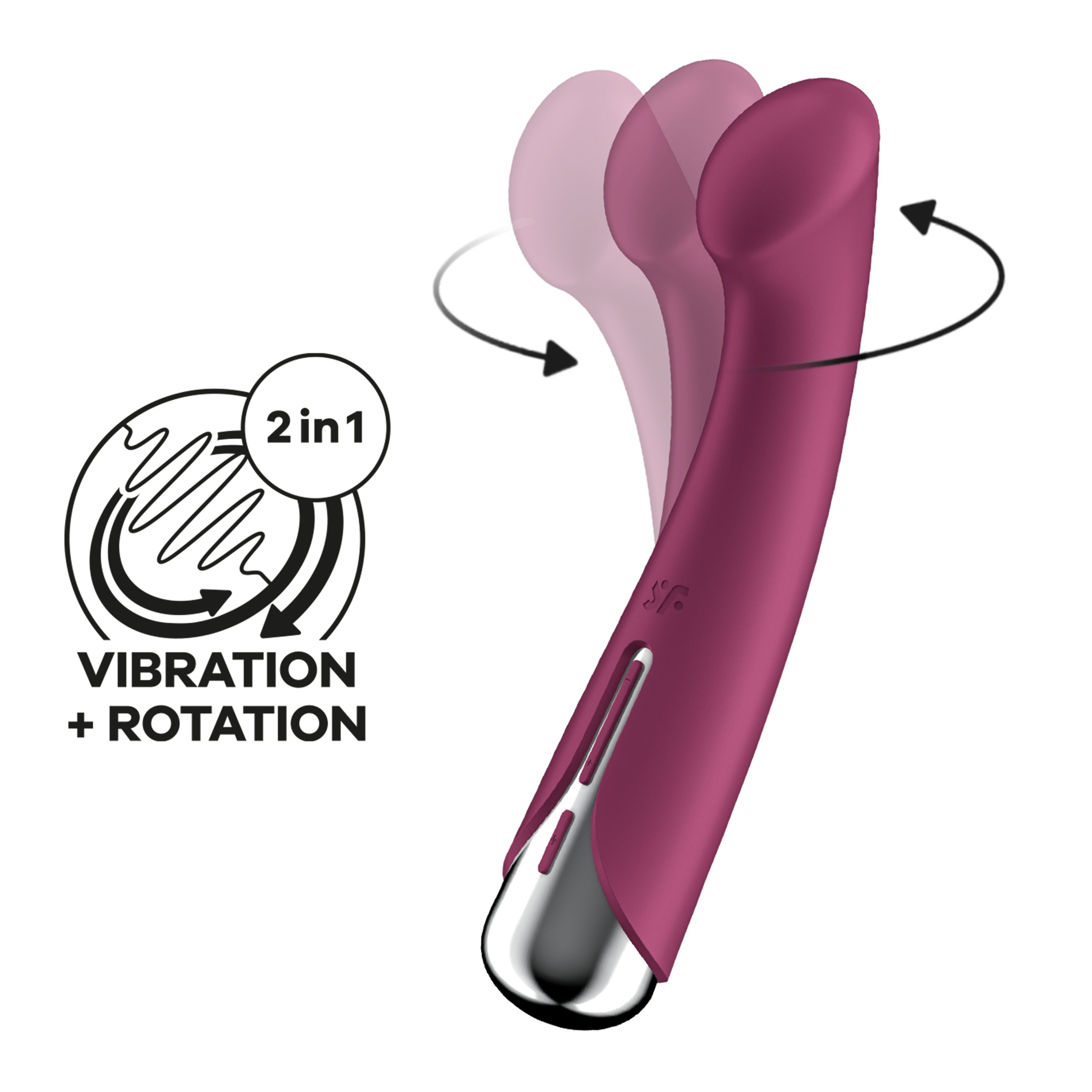 Vibrator mit rotierender Spitze. Illustration mit Pfeilen und Text: Vibration + Rotation.