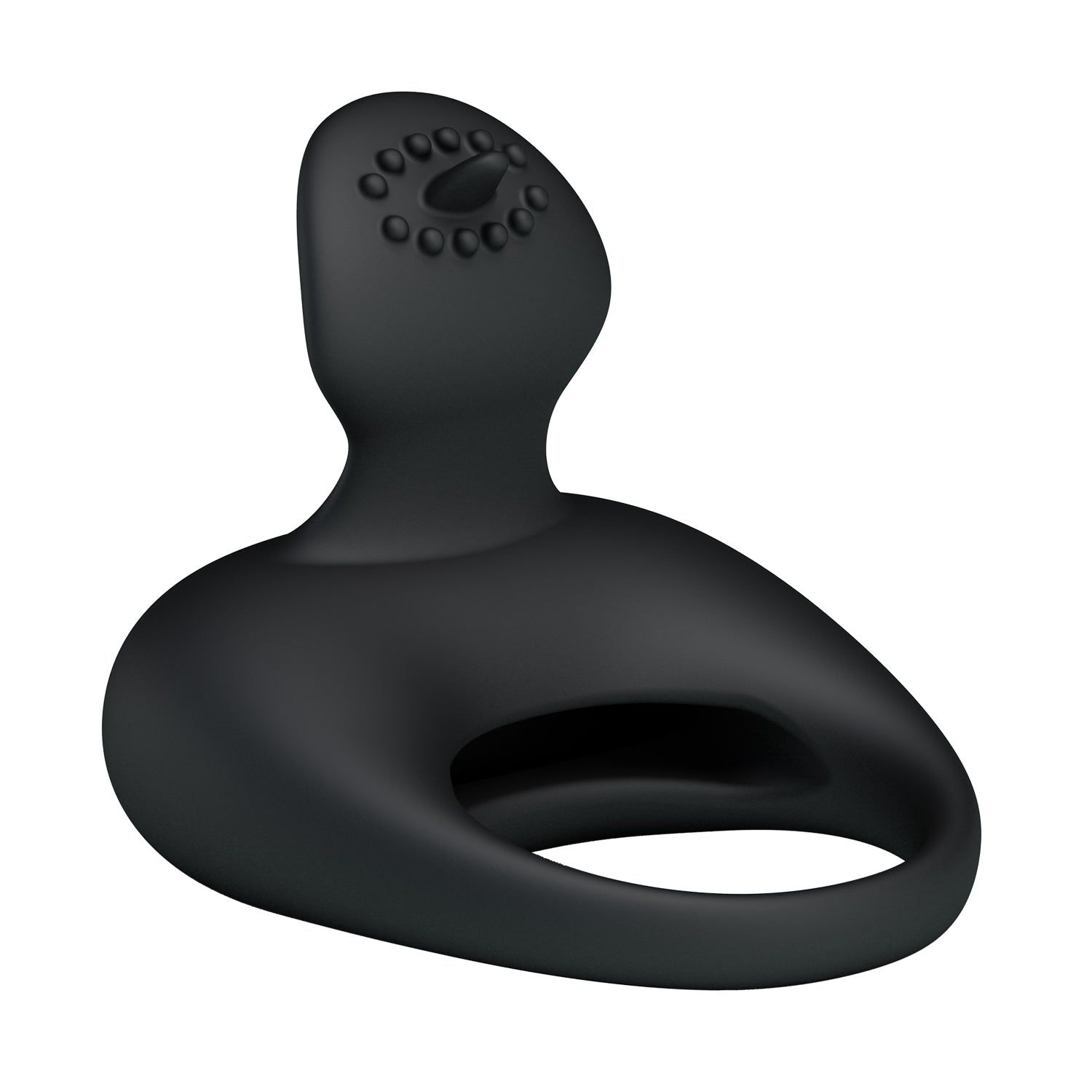 Schwarzer Ring mit erhabenem Element und Noppen. Ringförmige Öffnung. Oberseite mit Noppen versehen.