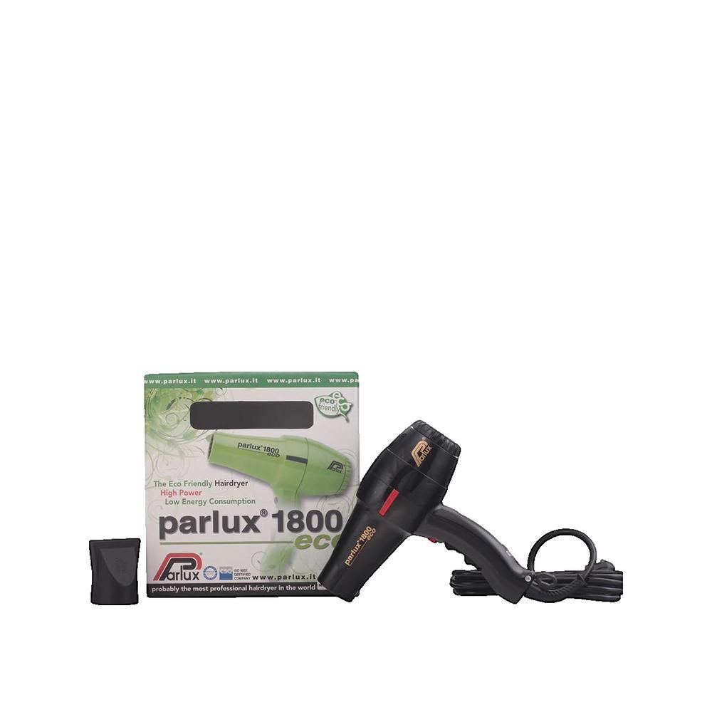 Schwarzer Haartrockner mit Zubehör und Verpackung. Aufschrift: Parlux 1800 eco. Grüne Verpackung mit Produktabbildung.